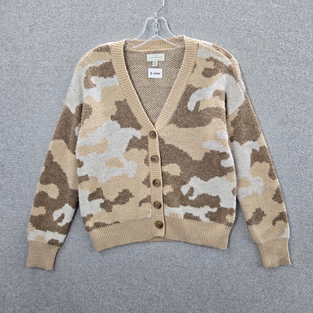 Lucky Brand Women Sweater Small Brown Camo Wool Blend Hoodie Crop